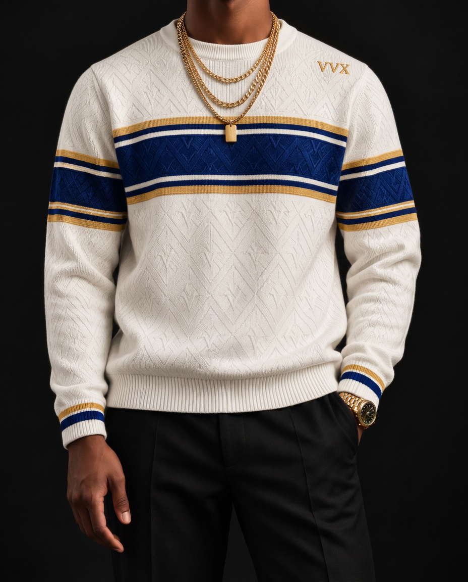 VVXHQ men's VVX Varsity Gold Band Knit in Onyx Black — Ivory, royal blue and gold, banded across the chest.