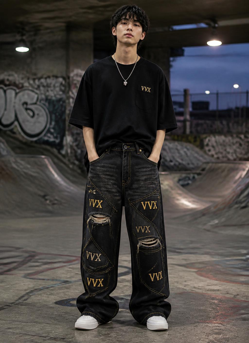 VVXHQ men's Flare Baggy Patchwork Jean in Onyx Black, Patchwork panel denim with gold crown embroidery and flared leg