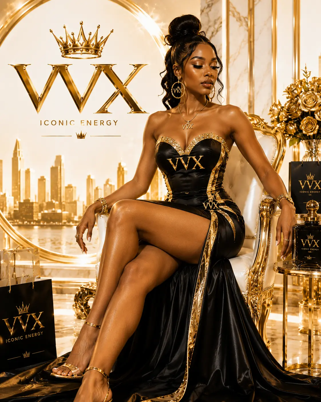 Empire Monogram Gown — Black satin gown with gold filigree