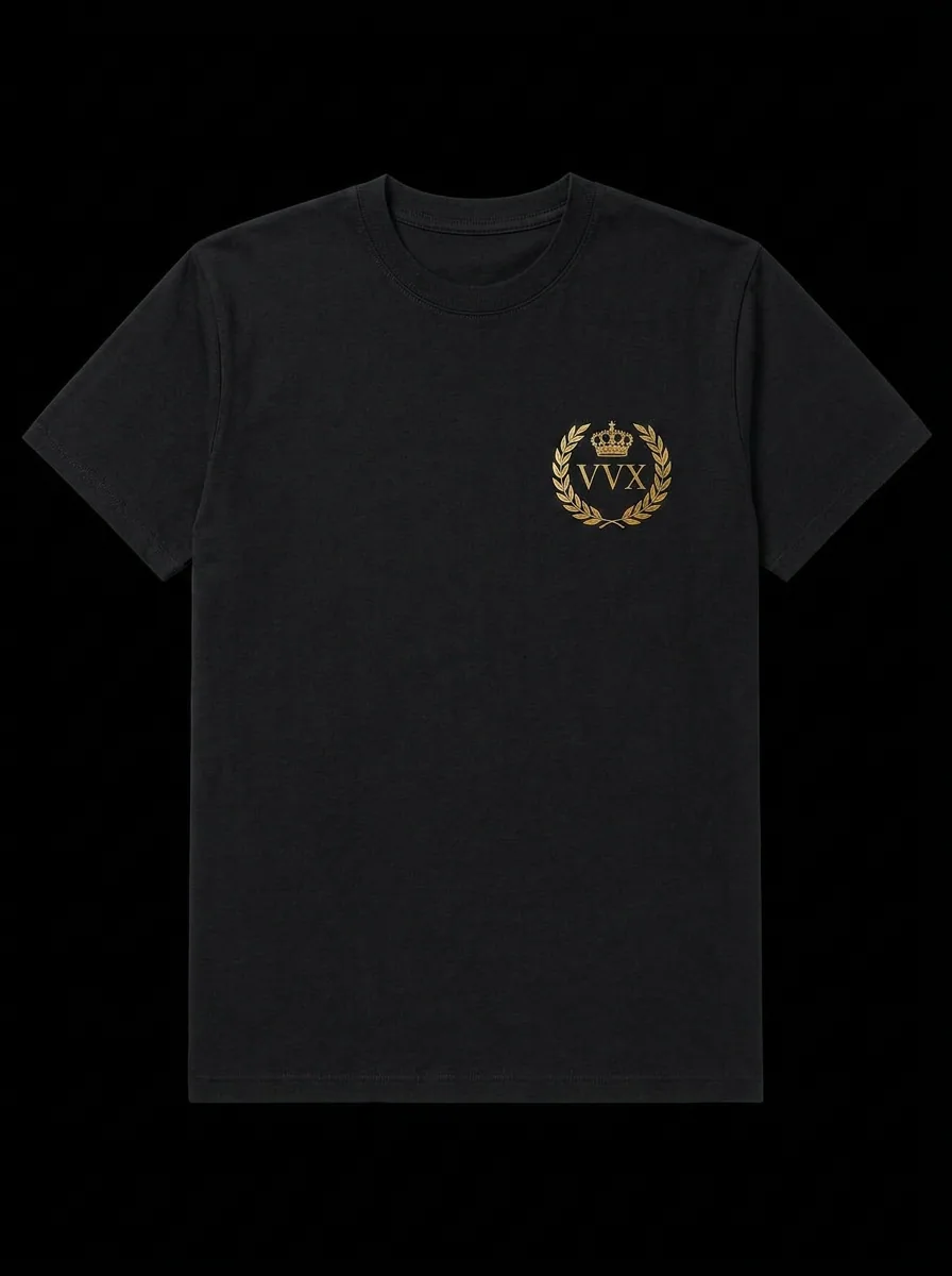 VVXHQ men's Laurel Crest Tee in Gold & Black, Gold laurel-wreath VVX crest, small at the chest and wide across the back