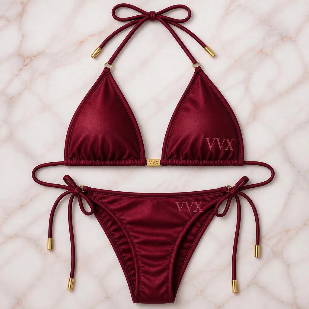 VVXHQ women's Crimson Icon Bikini Set in Red, Satin string triangle bikini with gold VVX ring and lettering
