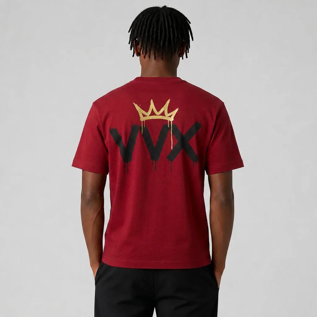 VVXHQ men's Drip Crown Tee in Red — Dripping gold crown VVX, small at the chest and wide across the back, back view