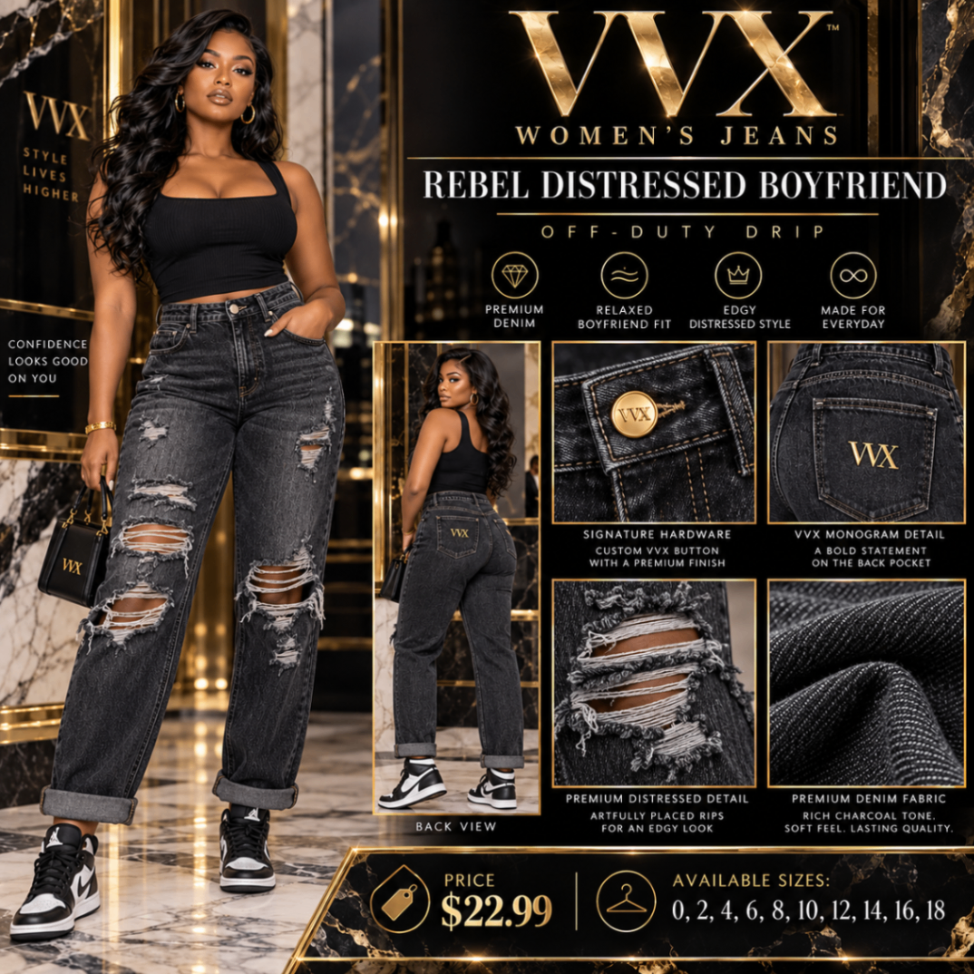 VVXHQ women's Rebel Distressed Boyfriend Jean in Onyx Black, Relaxed charcoal denim with distressed character