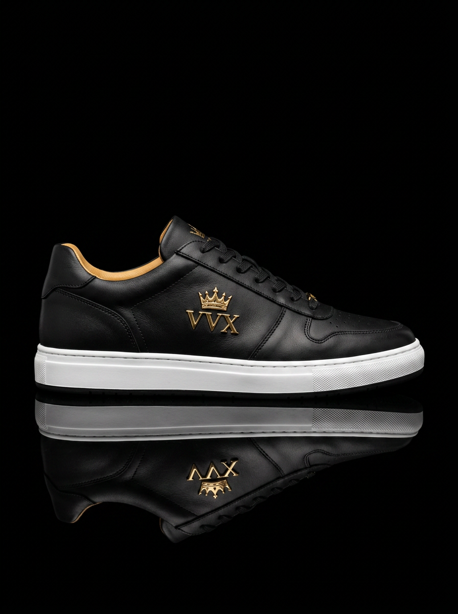 VVXHQ footwear Crown Court Sneaker — Onyx in Onyx Black, Women's black leather low-top with gold crown VVX