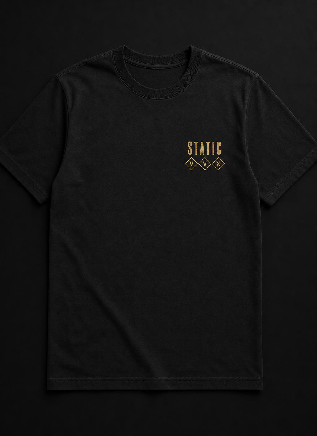 VVXHQ men's VVX Static Diamond Tee in Gold & Black, Chest STATIC diamond hit with a full laurel-wreath VVX back print