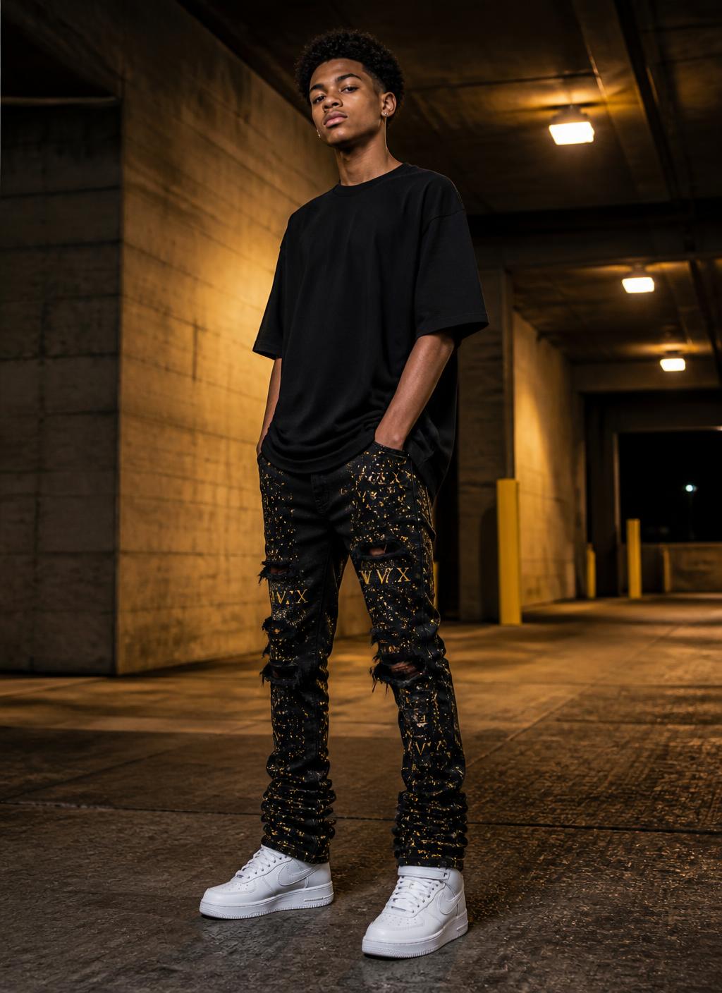 VVXHQ men's VVX Splatter Stacked Jean in Onyx Black, Baggy stacked denim with gold paint-splatter and crown hits