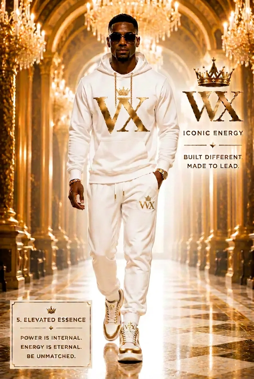 VVXHQ Elevated Essence Hoodie Set in Emerald Court, Optic white hoodie & jogger with gold VVX monogram