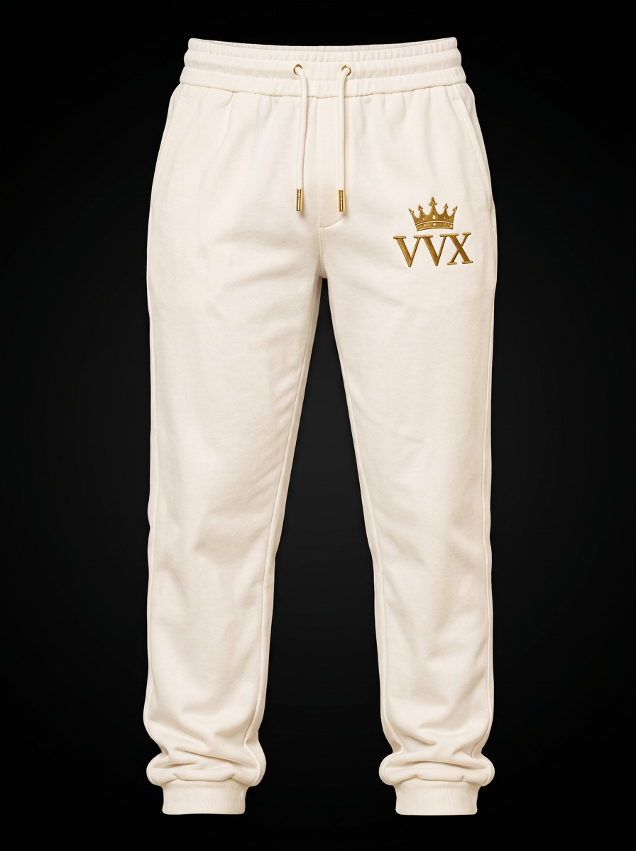 VVXHQ men's Iconic Crown Joggers — Ivory in Onyx Black, Men's ivory joggers with gold crown VVX