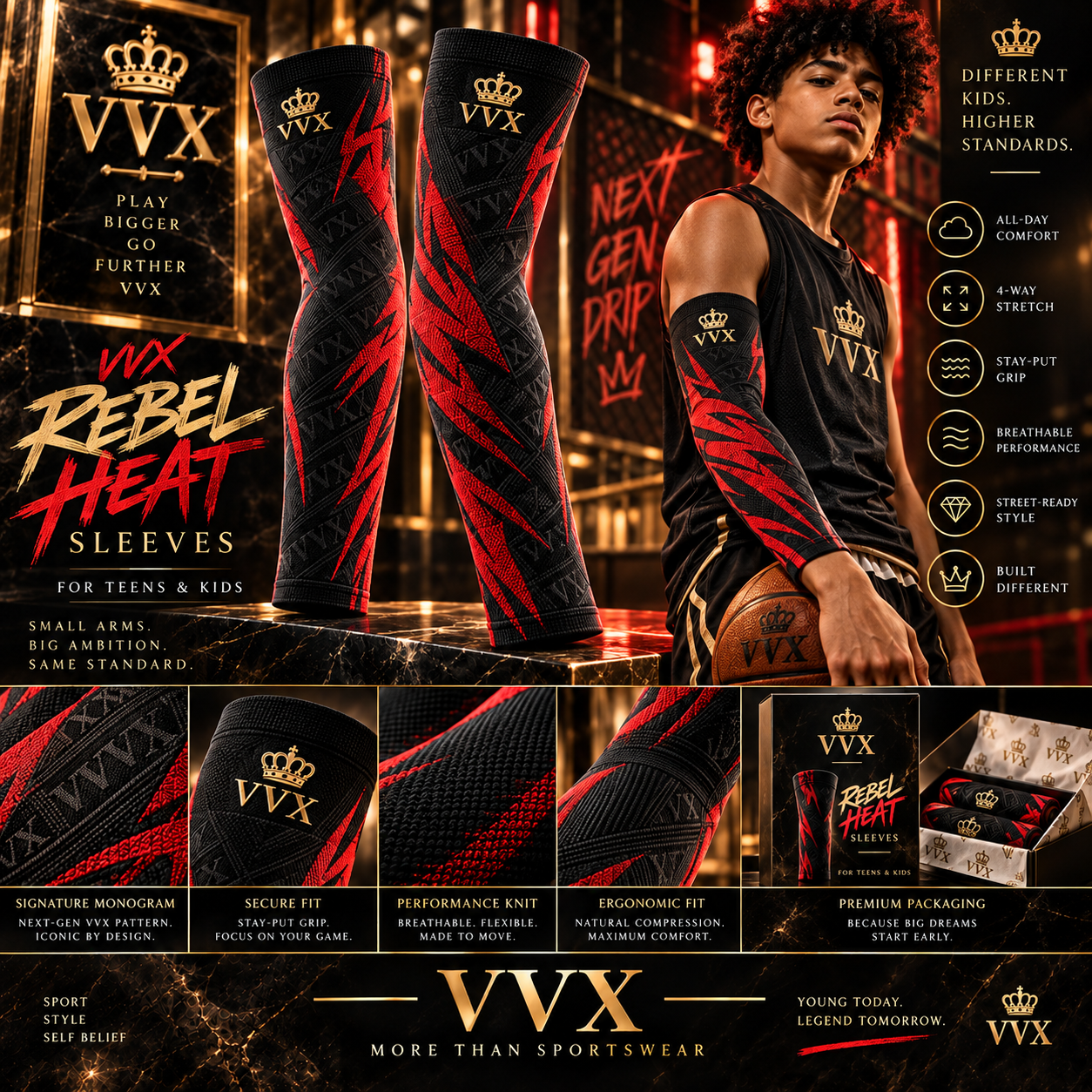 VVXHQ kids' VVX Rebel Heat Sleeves in Onyx Black — Black & Red, sold as a pair.
