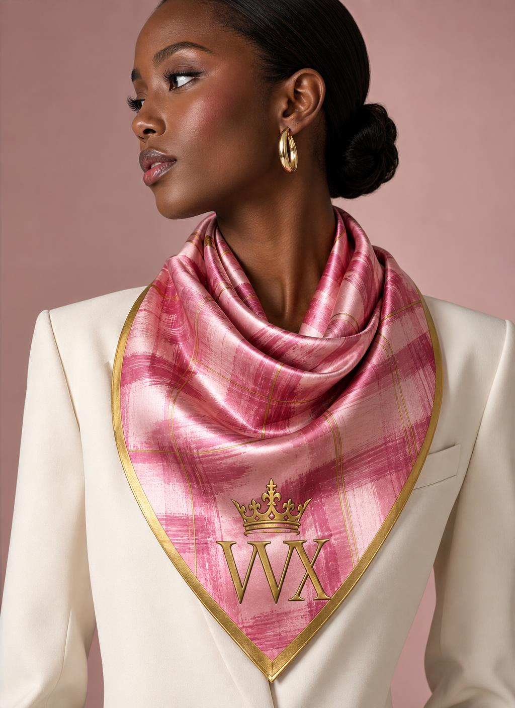 VVXHQ women's Crown Brushstroke Silk Scarf in Queen Pink, Painterly brushstroke plaid with the gold crowned VVX logo