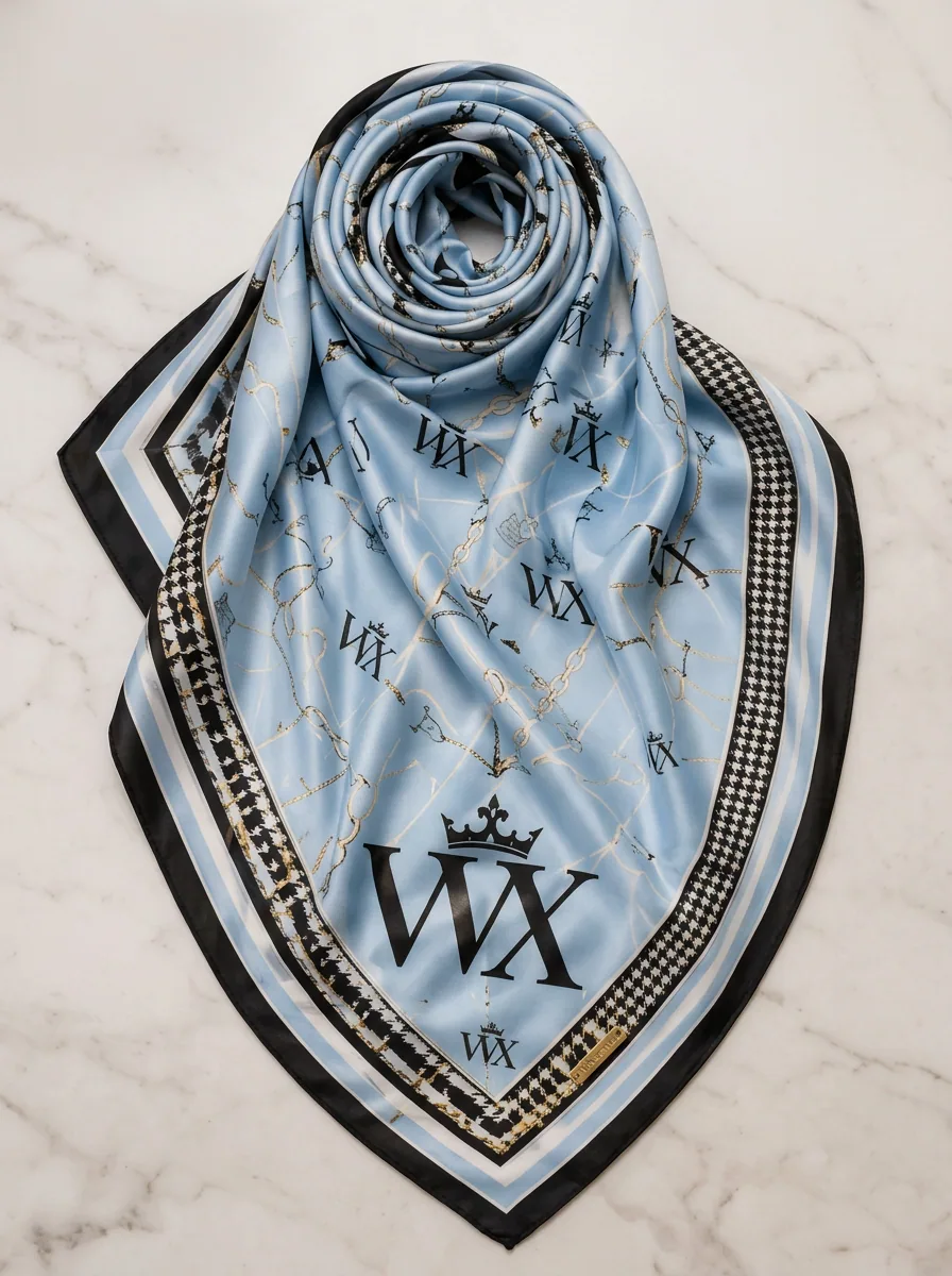 VVXHQ women's Monogram Houndstooth Silk Scarf in Ice Blue — Crowned VVX monogram repeat with chain and houndstooth borders, back view