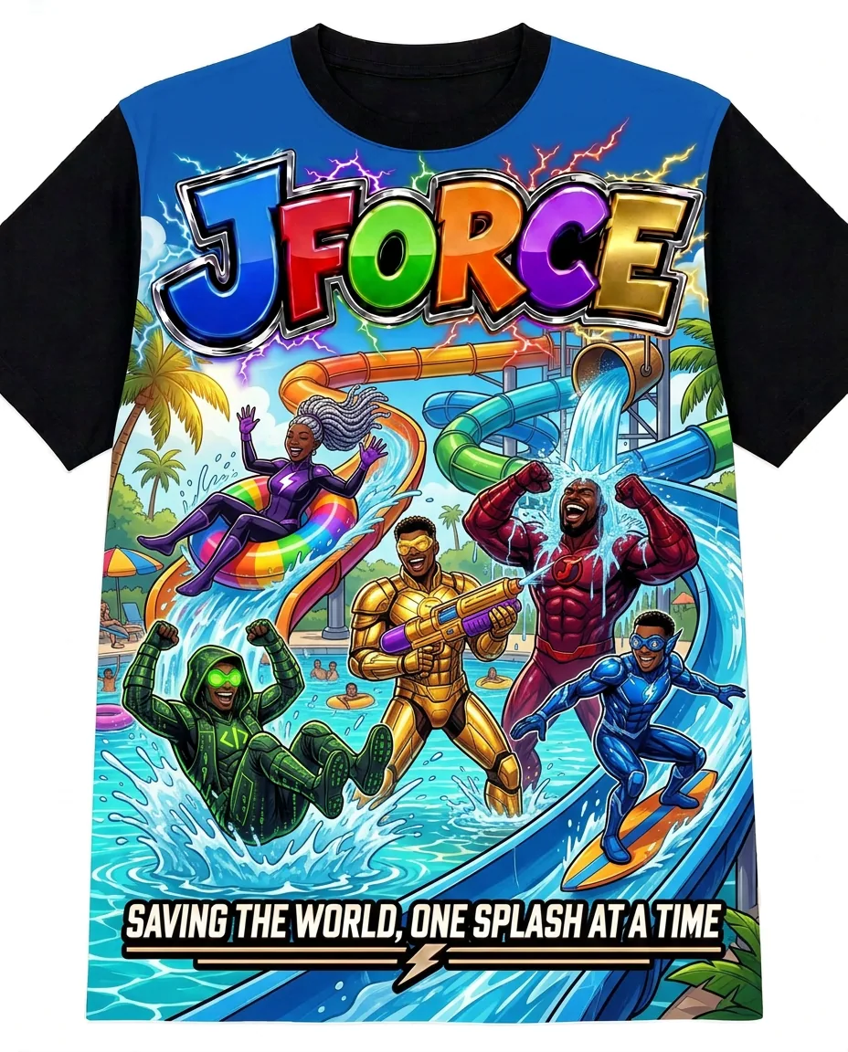 VVXHQ kids' JForce Waterpark Splash Tee in Black, Kids' all-over electric hero waterpark graphic tee