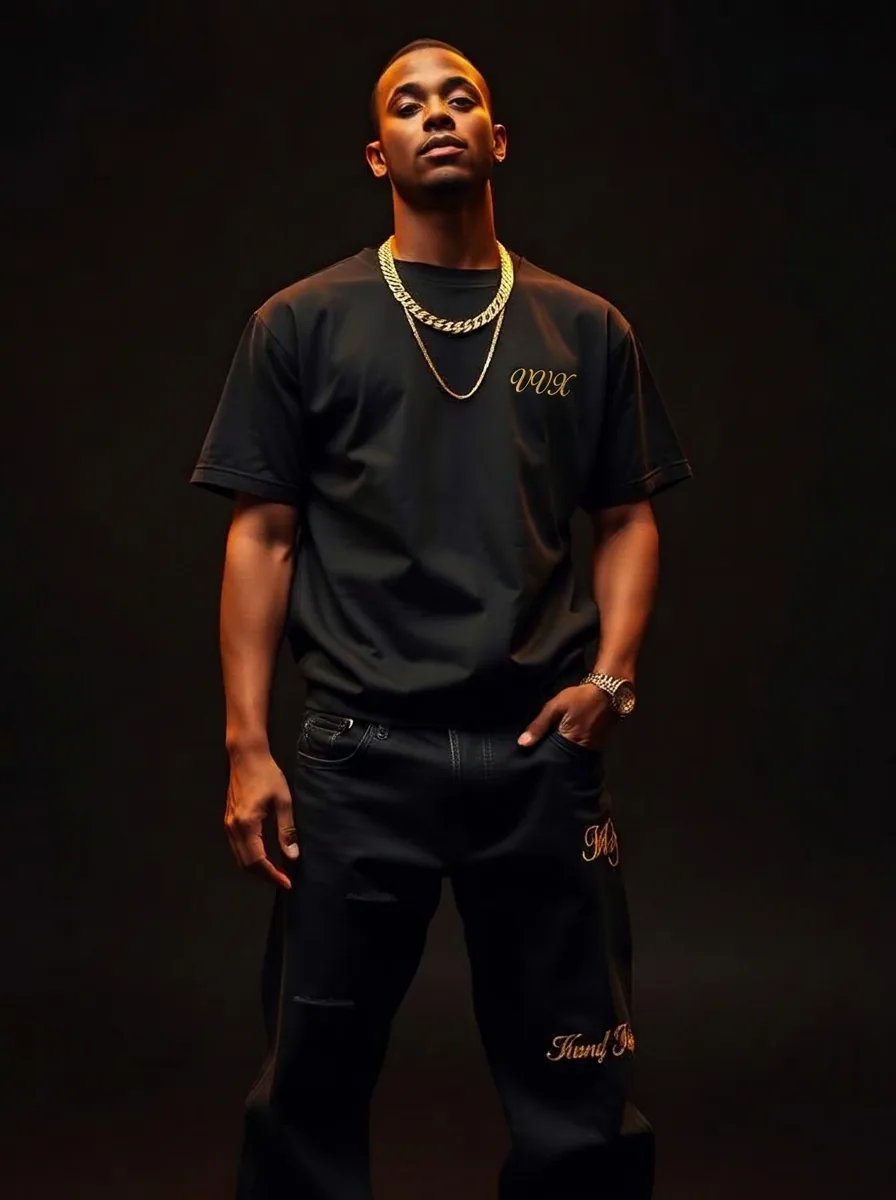 VVXHQ men's Gold Script Denim in Onyx Black, Baggy black denim with gold script embroidery