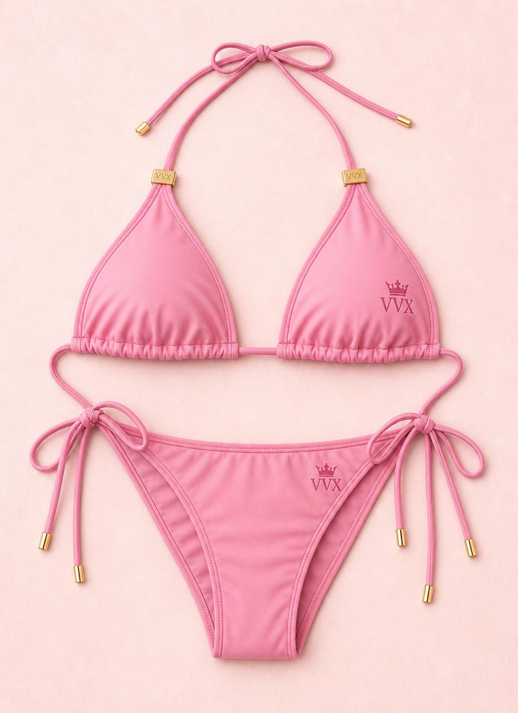 VVXHQ women's Pink Icon Bikini Set in Queen Pink, Triangle string bikini with crowned VVX embroidery and gold tipped ties