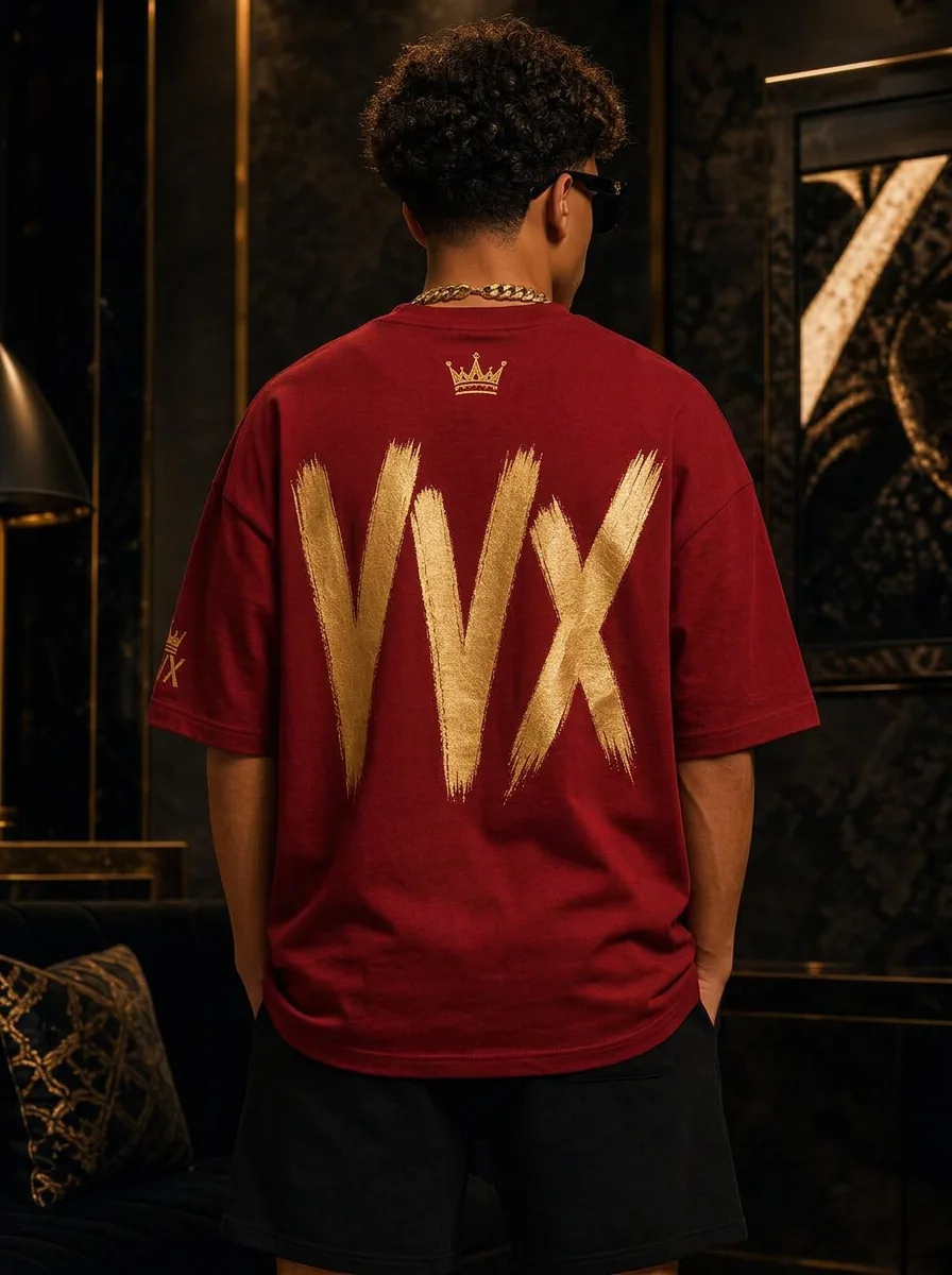 VVXHQ men's Crowned Brushstroke Tee in Red — Oversized tee with a hand-painted gold VVX brushstroke, back view
