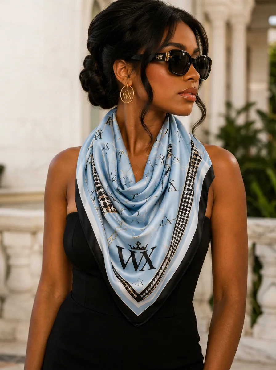 VVXHQ women's Monogram Houndstooth Silk Scarf in Ice Blue, Crowned VVX monogram repeat with chain and houndstooth borders