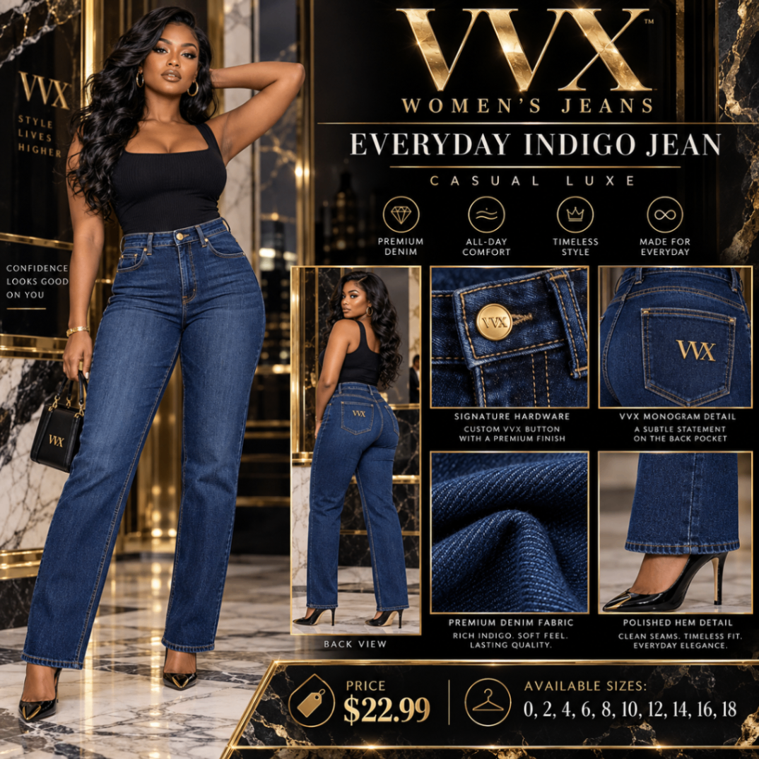 VVXHQ women's Everyday Indigo Jean in Onyx Black, Classic indigo denim for an everyday fit