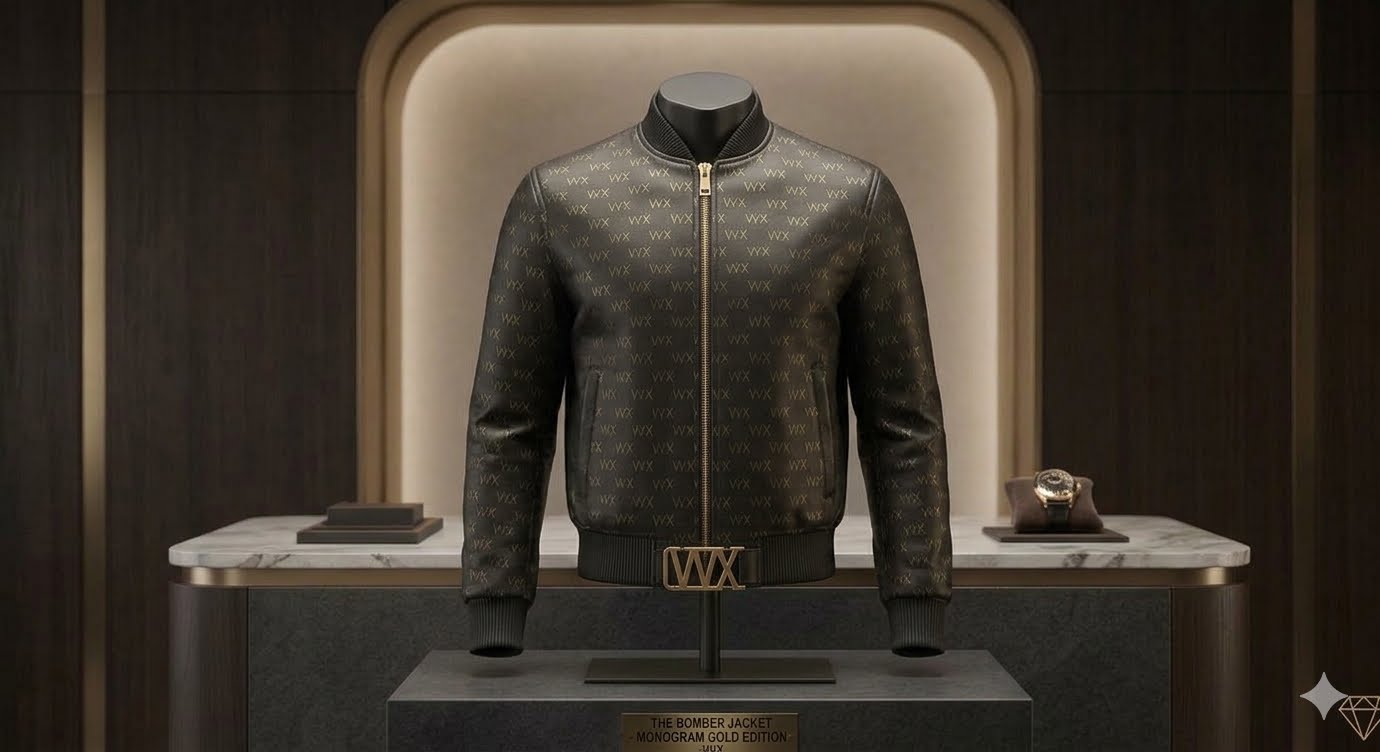 VVXHQ men's Bomber Jacket — Monogram Gold Edition in Onyx Black, Clean-line bomber in gold monogram leather