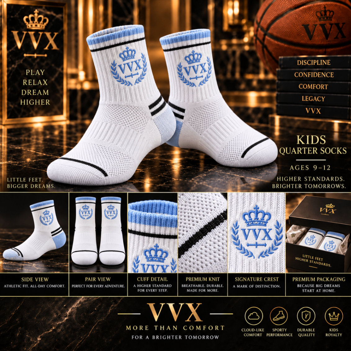 VVXHQ kids' VVX Kids White Sky Quarter Sock in Onyx Black — White & Sky Blue, sold as a single pair.