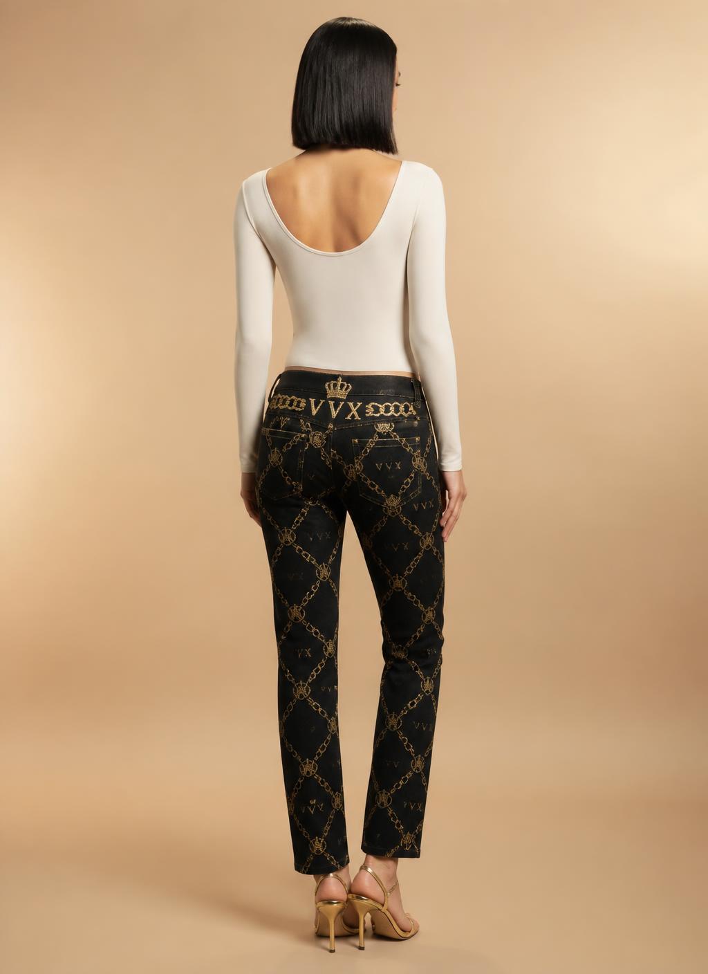 VVXHQ women's Chainlink Low-Rise Straight Jean in Onyx Black — Low-rise straight denim with gold chain-link pattern, back view