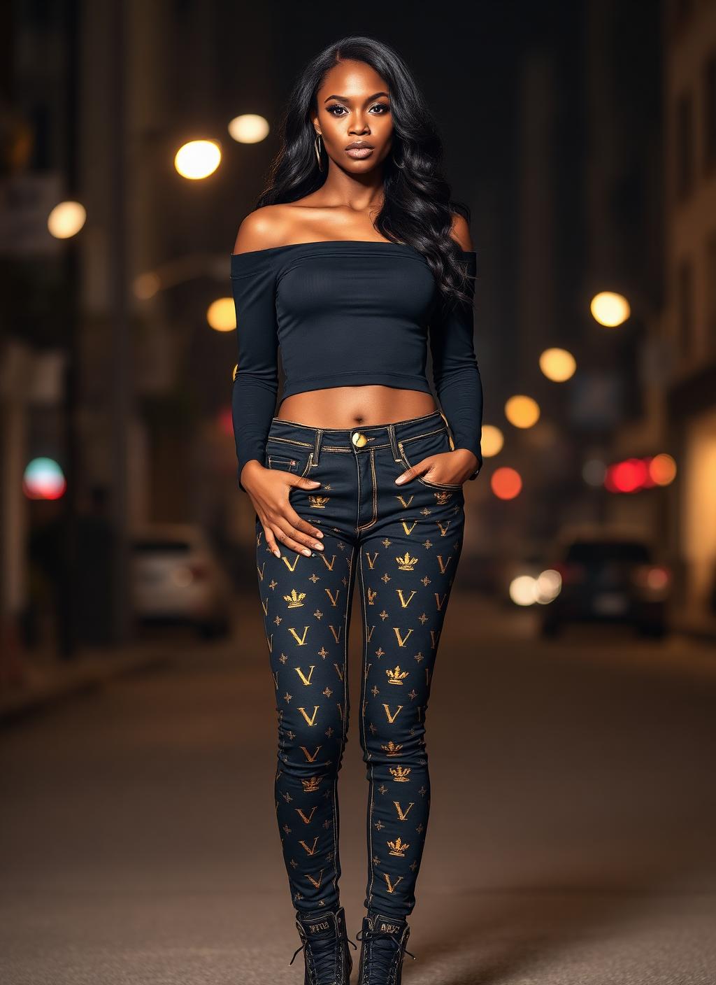 VVXHQ women's Gold Monogram Low-Rise Skinny Jean in Onyx Black, Low-rise skinny denim with allover gold VVX crown monogram