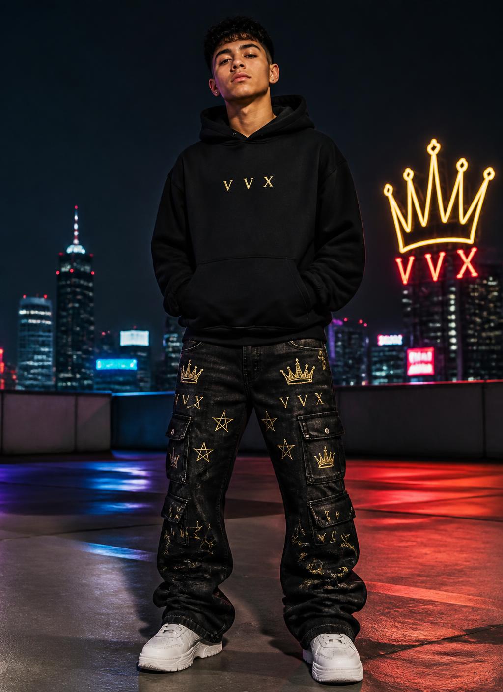 VVXHQ men's Crown Cargo Stacked Jean in Onyx Black, Utility cargo denim with gold crown hardware and stacked hem