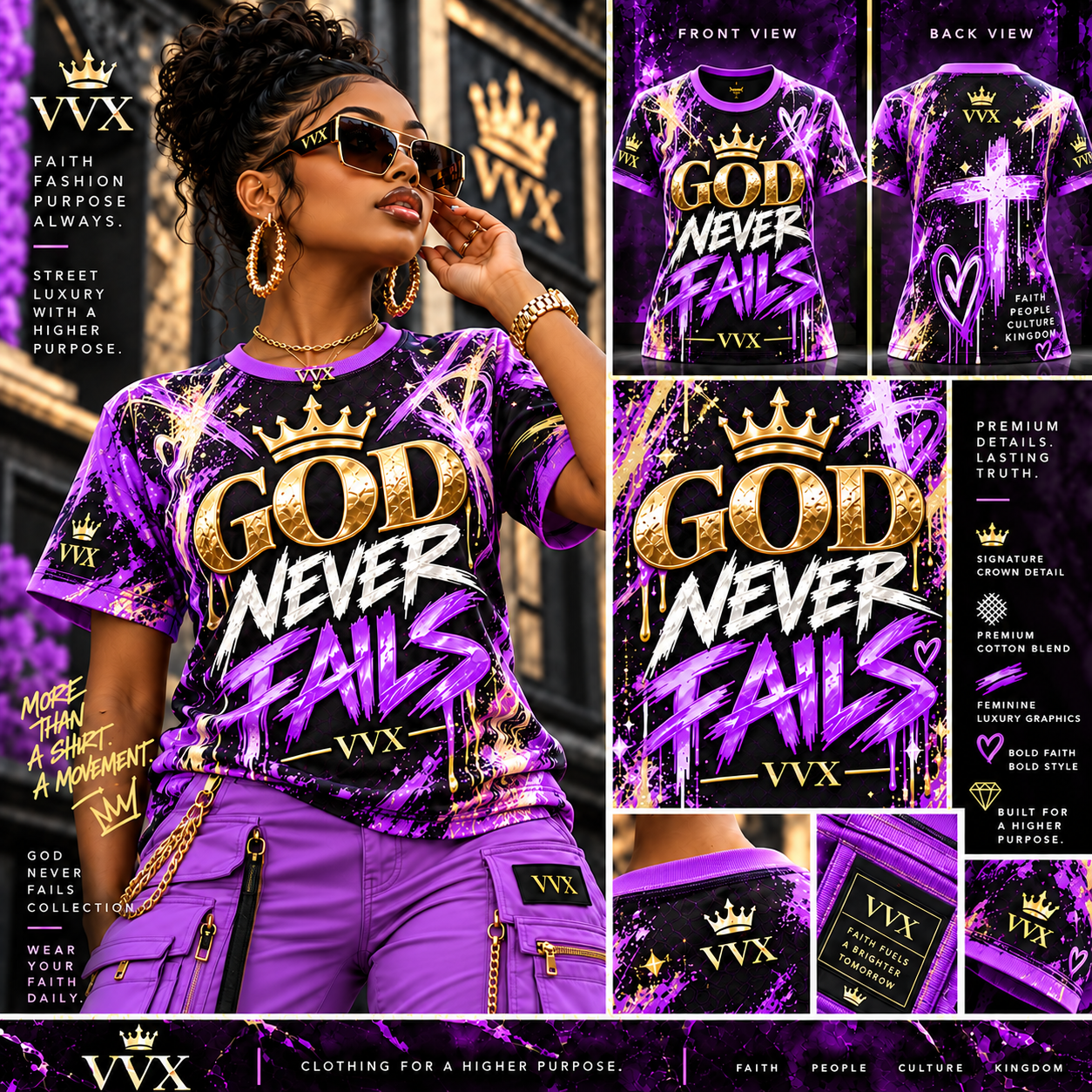 VVXHQ women's VVX Women's Faith Graffiti Cross Tee in Purple, Crowned faith graffiti with cross and heart details