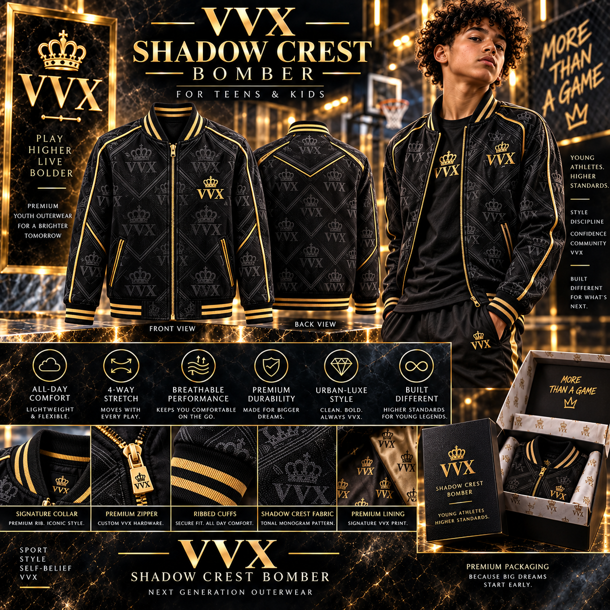 VVXHQ kids' VVX Shadow Crest Bomber in Onyx Black, Black & Gold · For teens & kids