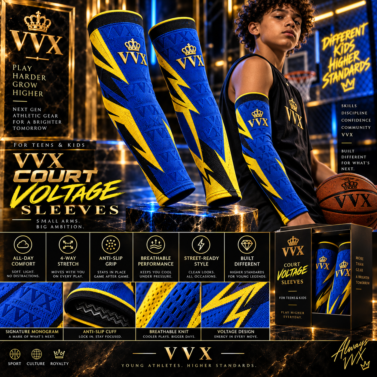 VVXHQ kids' VVX Court Voltage Sleeves in Onyx Black — Royal Blue & Volt Yellow, sold as a pair.