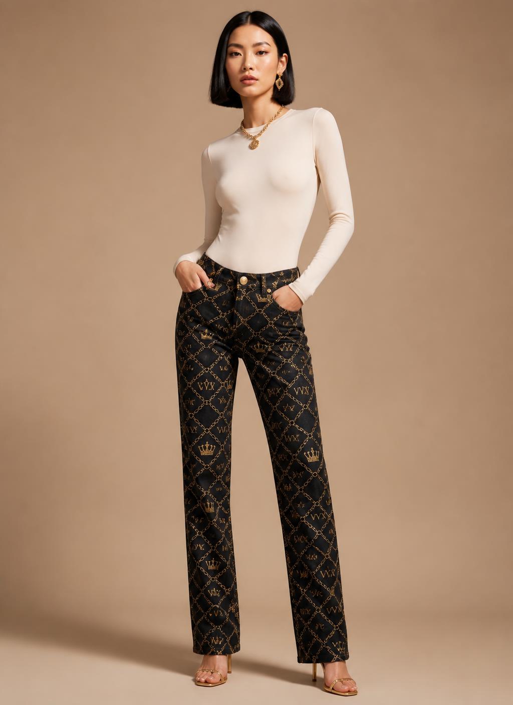 VVXHQ women's Chainlink Low-Rise Straight Jean in Onyx Black, Low-rise straight denim with gold chain-link pattern