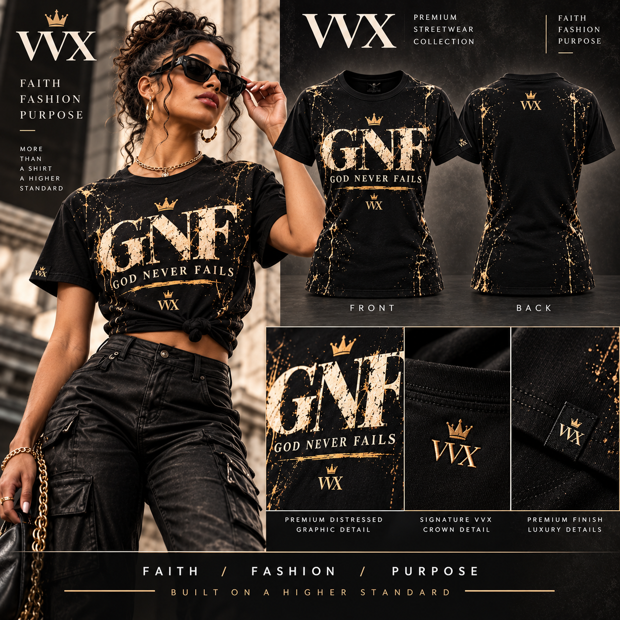 VVXHQ women's VVX Women's Distressed Crown GNF Tee in Black, Distressed crowned lettering with gold splatter details