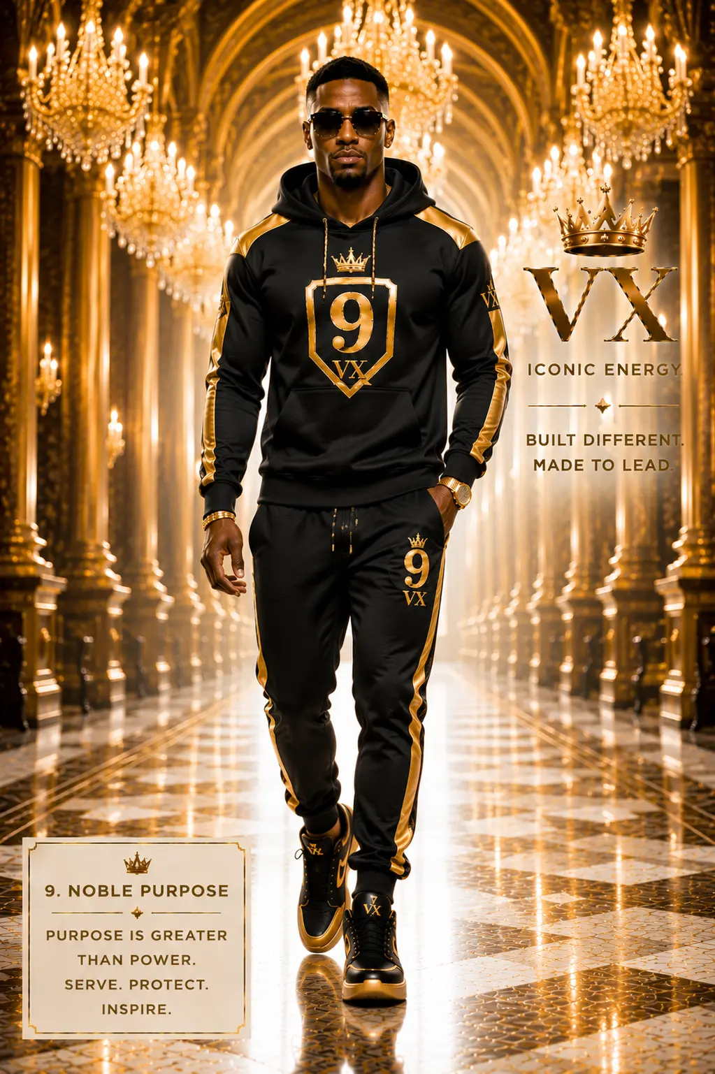Noble Purpose Hoodie Set — Shield-crest hoodie & piped jogger