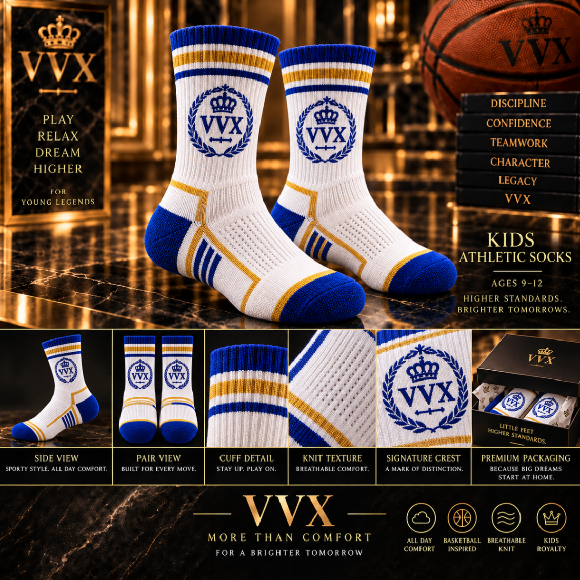 VVXHQ kids' VVX Kids White Royal Athletic Sock in Onyx Black — White, Royal Blue & Gold, sold as a single pair.