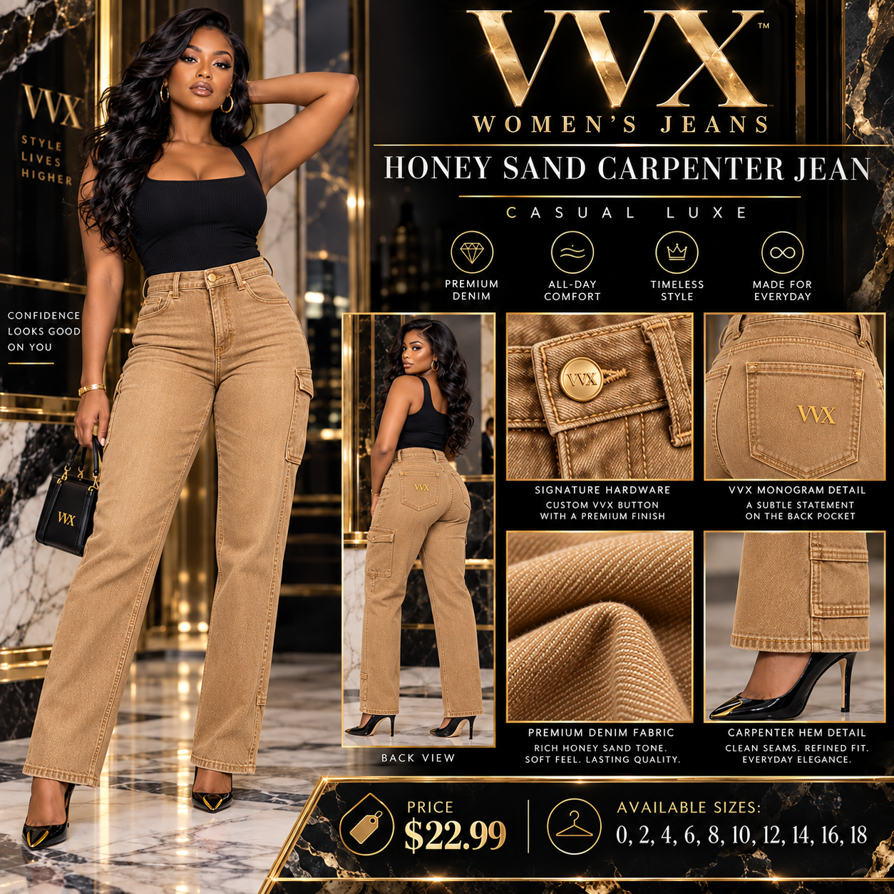 VVXHQ women's Honey Sand Carpenter Jean in Onyx Black, Honey-sand denim with casual-luxe carpenter styling