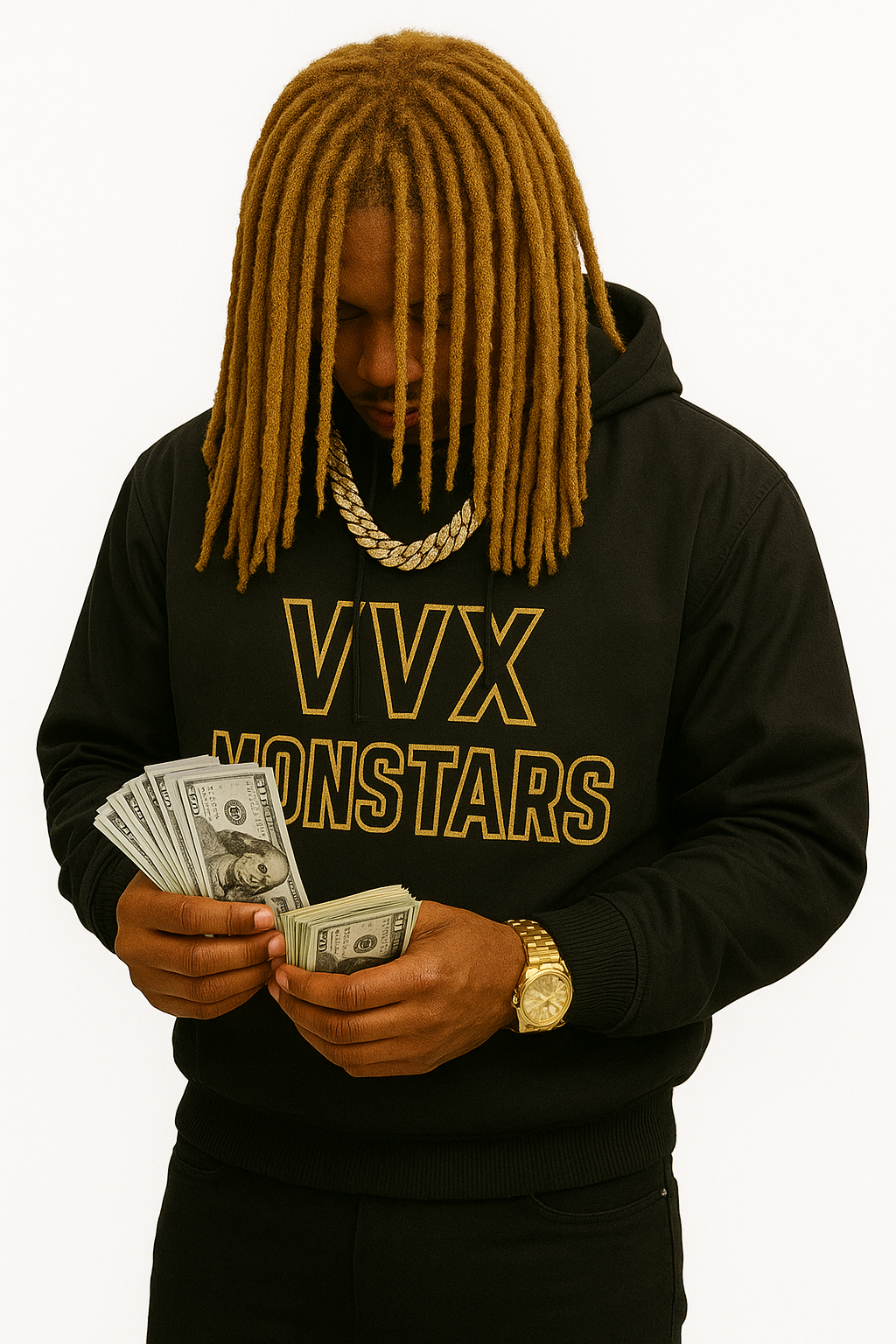 VVX Monstars Hoodie — Heavyweight black hoodie with gold chenille lettering