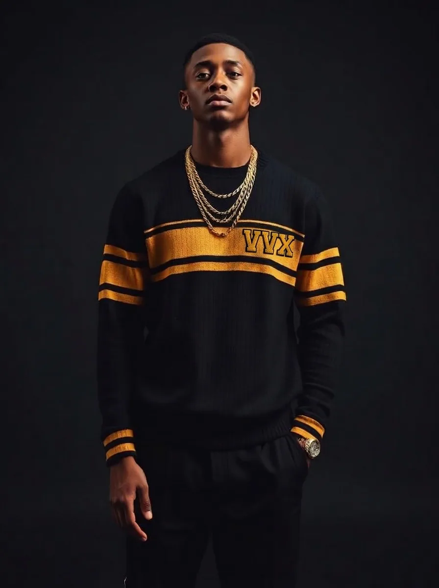VVXHQ men's Varsity Knit in Forest Reign, Gold-stripe merino crewneck