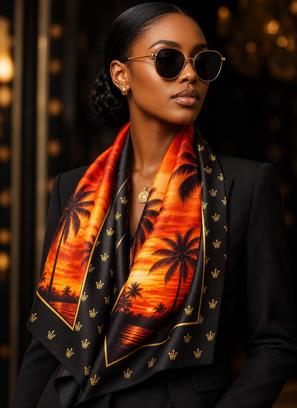 VVXHQ women's Crown Sunset Silk Scarf in Black & Gold, Sunset palm-print silk with a gold crown monogram border
