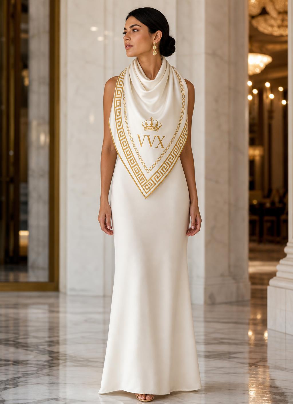 VVXHQ women's Meander Silk Scarf in Ivory & Gold, Gold Greek-key border with chain motifs and crowned VVX monogram