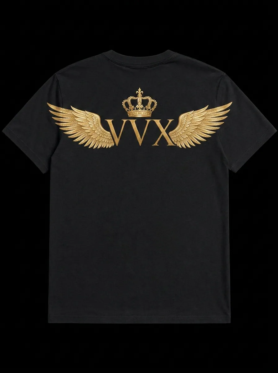 VVXHQ men's Winged Crown Tee in Gold & Black — Winged crowned VVX at the chest with a full wingspan across the shoulders, back view