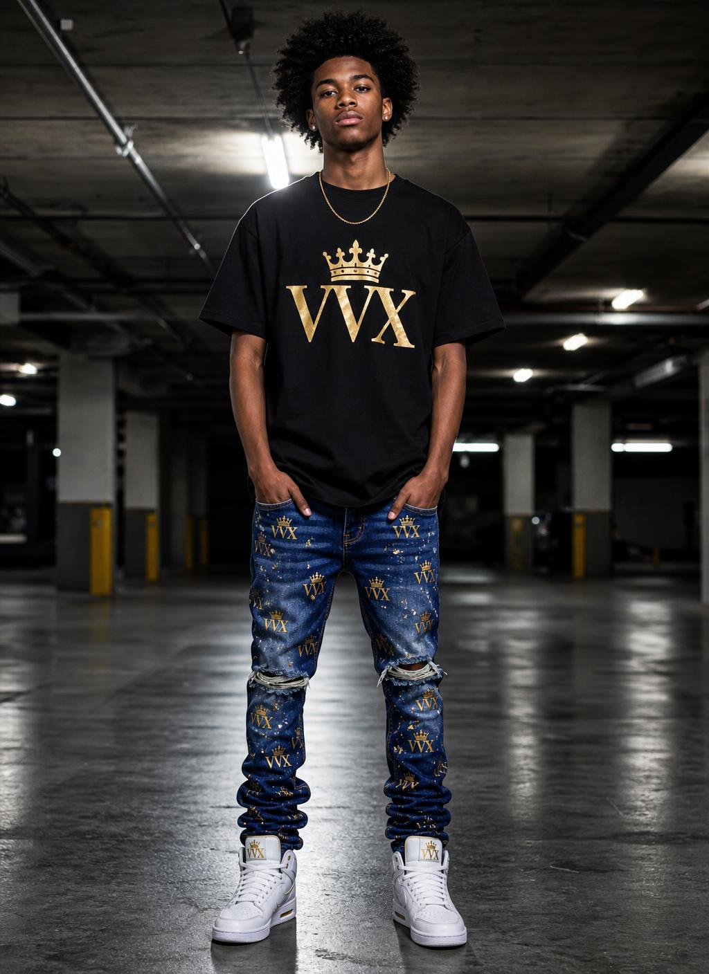 VVXHQ men's VVX Crown Monogram Stacked Jean in Indigo Blue, Stacked skinny denim in an all-over gold VVX crown monogram