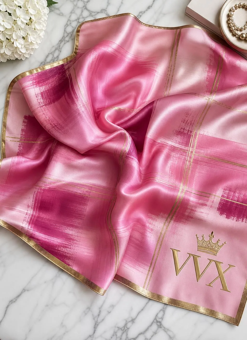 VVXHQ women's Crown Brushstroke Silk Scarf in Queen Pink — Painterly brushstroke plaid with the gold crowned VVX logo, back view