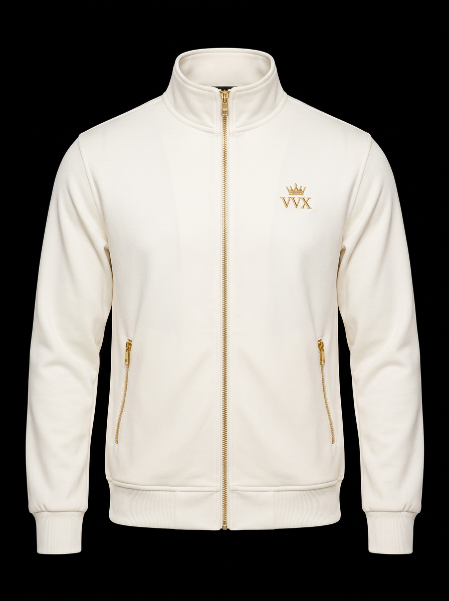 VVXHQ men's Iconic Crown Track Jacket in Onyx Black, Men's ivory zip-up track jacket with gold hardware