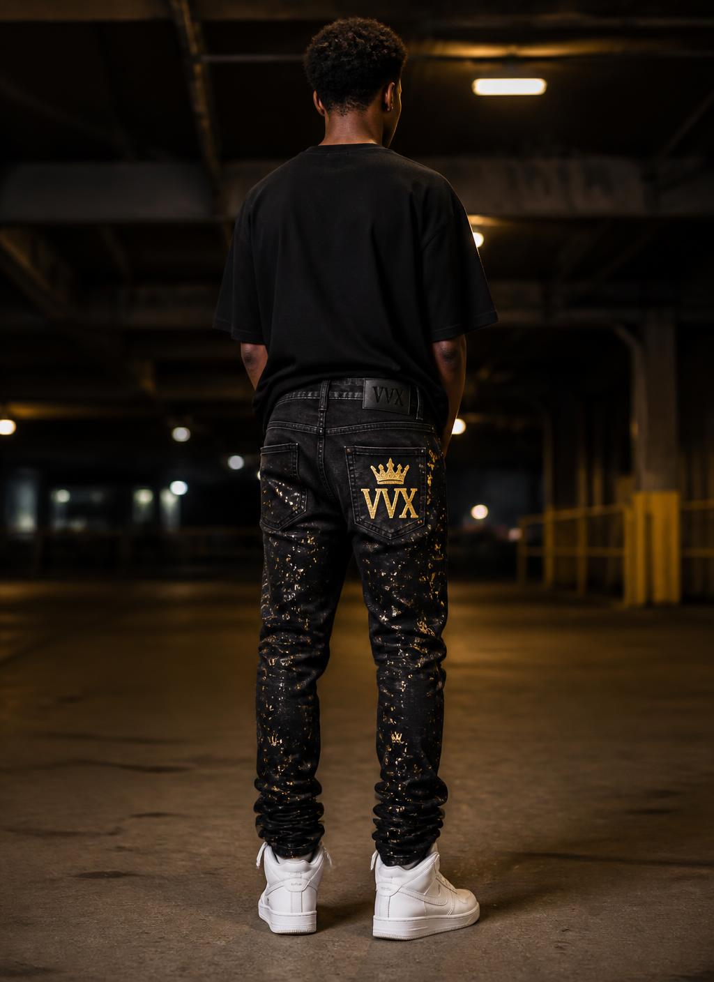 VVXHQ men's VVX Splatter Stacked Jean in Onyx Black — Baggy stacked denim with gold paint-splatter and crown hits, back view
