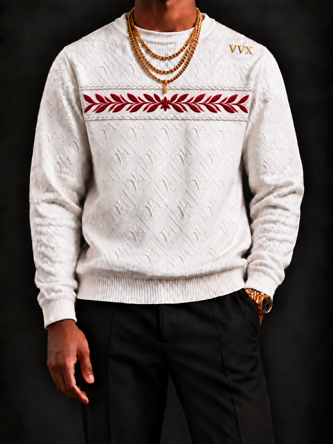 VVXHQ men's VVX Crimson Laurel Knit in Onyx Black, Crowned in ivory. Marked in crimson.