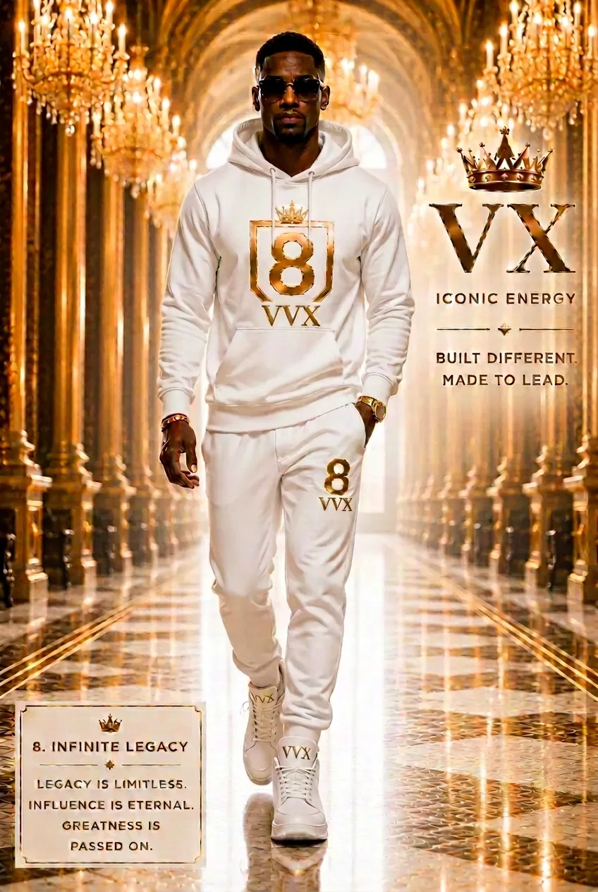 VVXHQ men's Infinite Legacy Hoodie Set in Deep Teal, Optic white hoodie & jogger with gold VVX crest