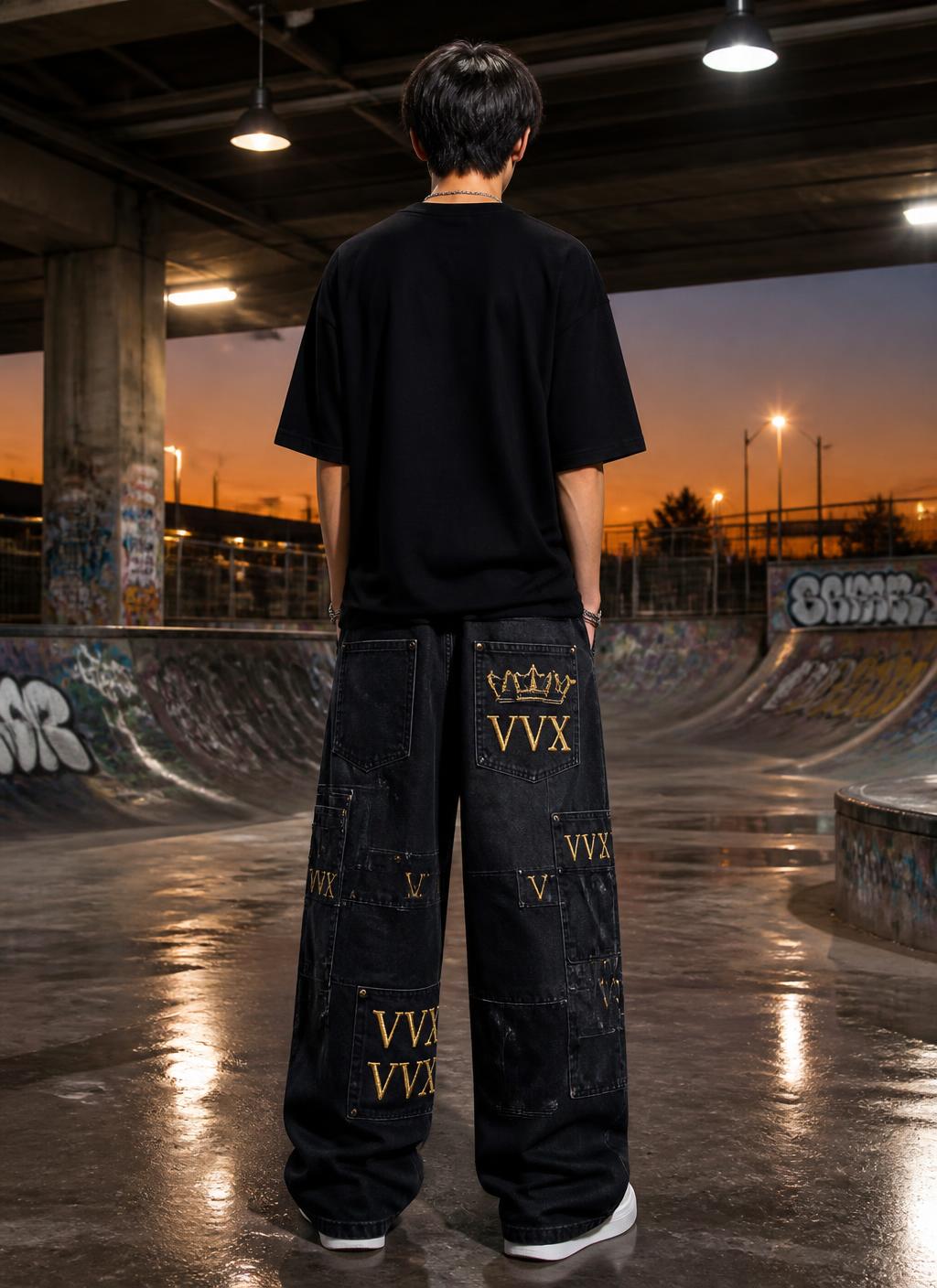 VVXHQ men's Flare Baggy Patchwork Jean in Onyx Black — Patchwork panel denim with gold crown embroidery and flared leg, back view