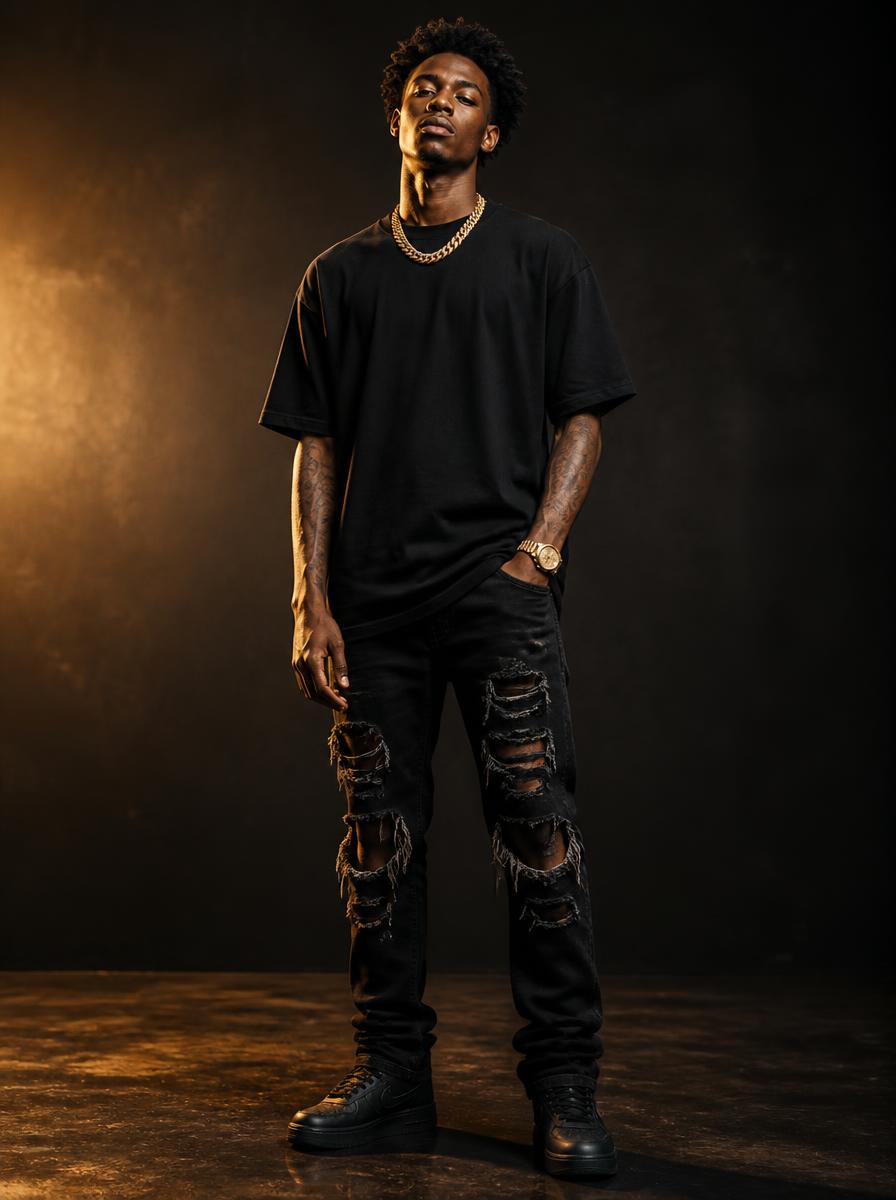 VVXHQ men's VVX Ripped Jean in Onyx Black, Distressed denim, gold VVX waist tag & pocket marks