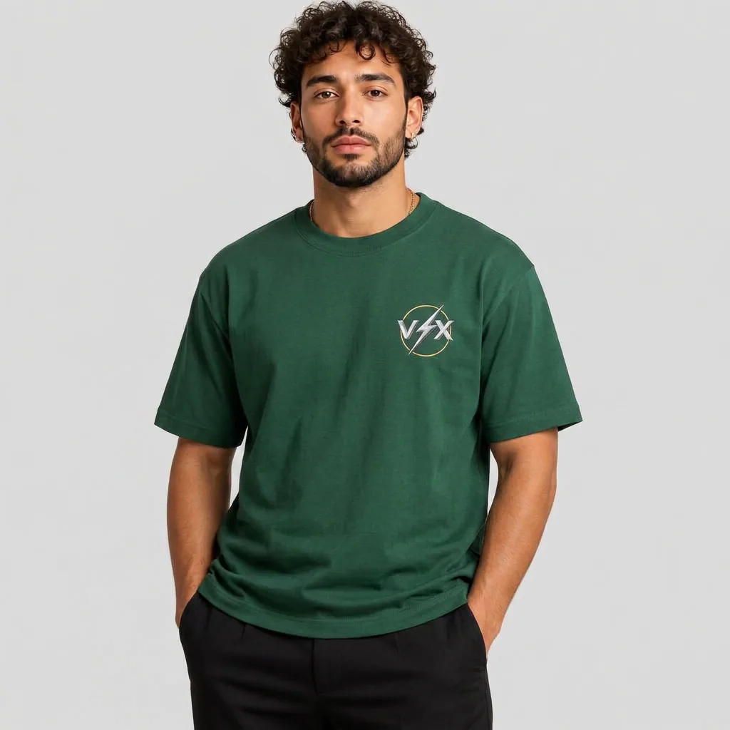 VVXHQ men's Chrome Bolt Tee in Green, Chrome bolt VVX at the chest, struck wide across the shoulders and back