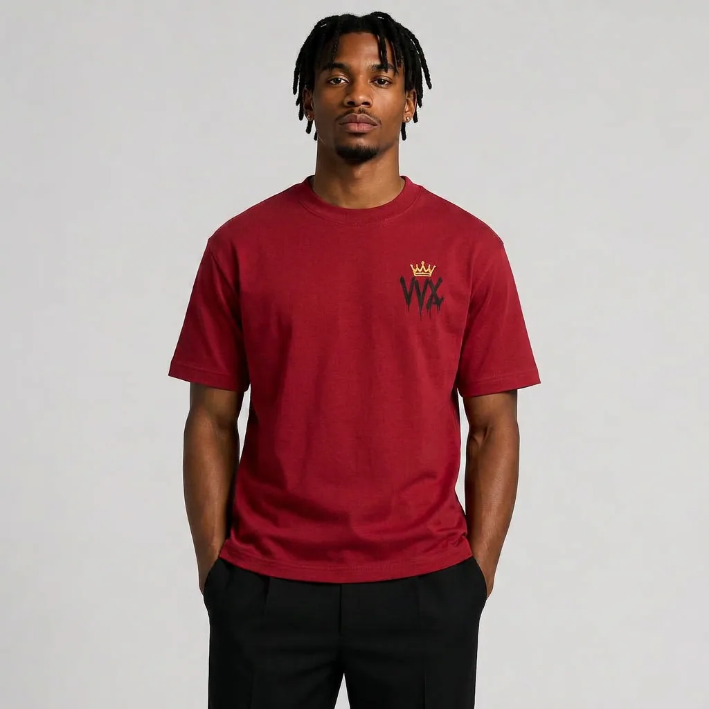 VVXHQ men's Drip Crown Tee in Red, Dripping gold crown VVX, small at the chest and wide across the back