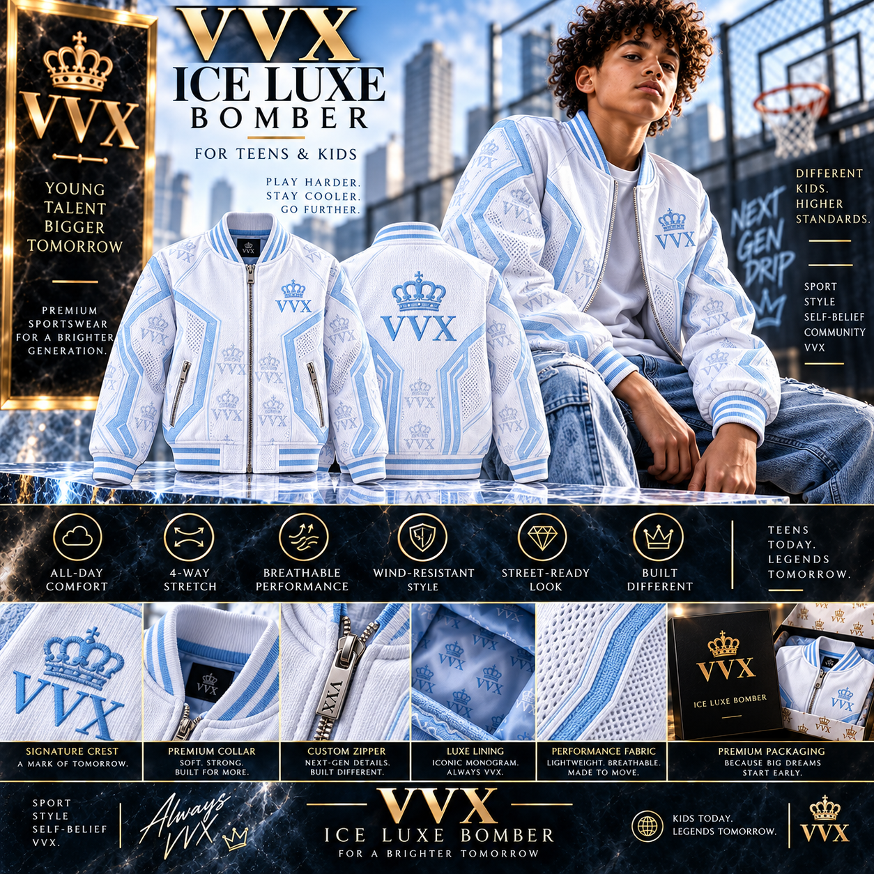 VVXHQ kids' VVX Ice Luxe Bomber in Onyx Black, White & Ice Blue · For teens & kids